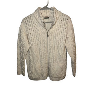Carraig Donn Womens Cardigan Sweater Ivory 100% Wool Long Sleeve Mock Neck Zip L